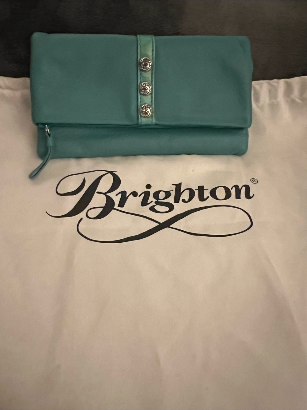 Brighton Turquoise Blue Soft Leather Foldable Wallet/Clutch with Silver Detail.